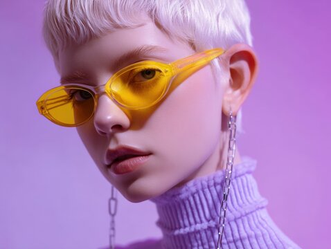 Close-up studio portrait of a blonde model wearing yellow sunglasses against a vibrant purple background
