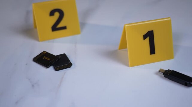 USB drive and SD cards at yellow evidence markers on white marble surface for digital forensics cyber crime investigation, handheld POV survey shot panning between markers