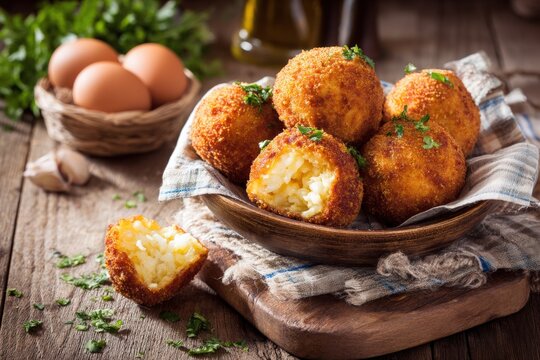 Crispy golden arancini croquettes arranged on a rustic wooden board with fresh ingredients