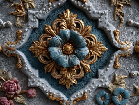 Intricate baroque architectural detail with stylized blue floral centerpiece and gold ornamentation