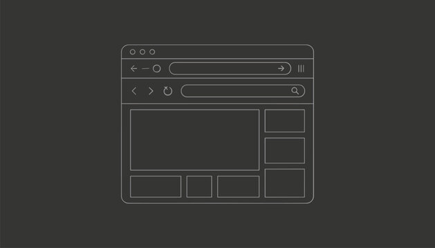 Simple white line art illustration of a multi-panel web browser window interface on a dark gray background for web design.