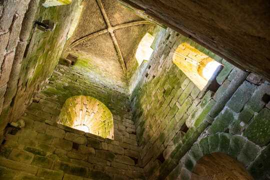 France, Lot, Tours de Merle.  Looking up inside a tower in the ruins of 13 - 15th century castle.  
