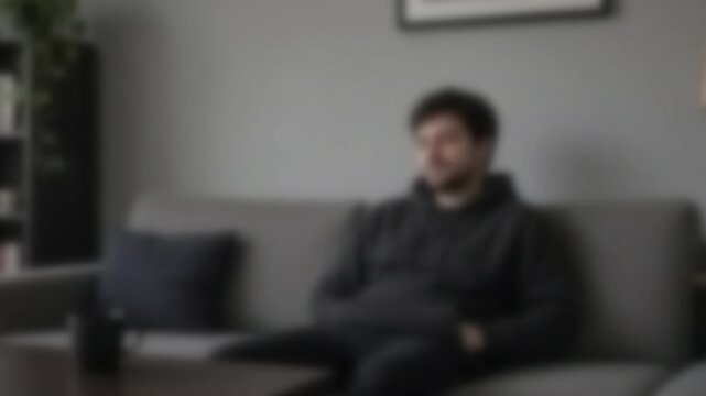 Man in a hoodie listening on a video call from a living room sofa, Full Gaussian Blur Abstract
