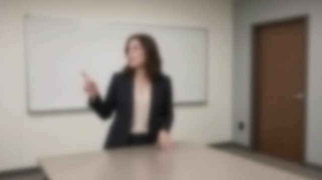 Woman in a blazer explaining on a video call in a small meeting room, Full Gaussian Blur Abstract