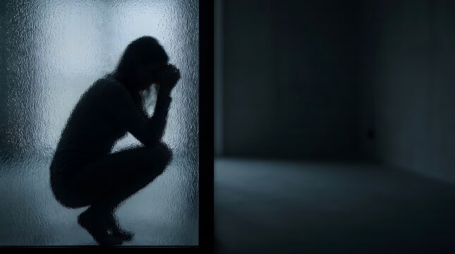 Lonely woman sitting in shadow behind glass panel feeling deep sadness and depression
