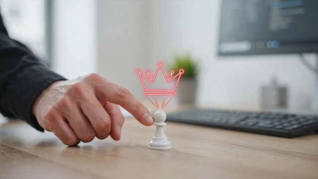 Hand Moving Pawn Chess Piece with Holographic Red Crown Icon