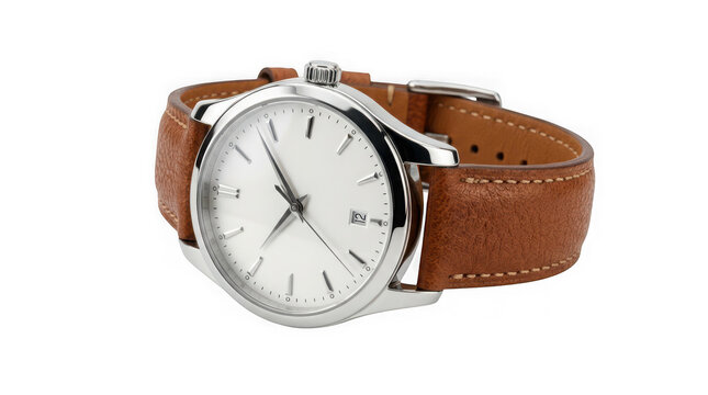 Classic luxury wristwatch with white dial and brown leather strap isolated on transparent background