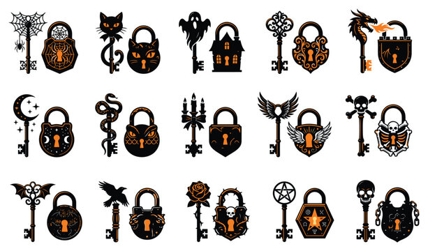 Set of ornate vintage keys and padlocks with magical gothic symbols for fantasy design padlocks halloween illustration mysterious isolated decorative
