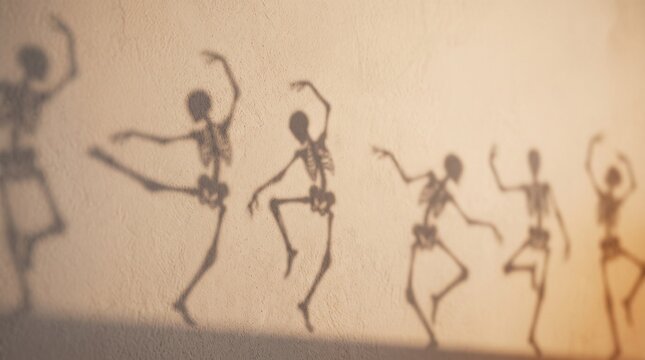 Multiple dancing skeleton shadows projected on beige wall in movement poses, creative Halloween celebration concept, spooky group dance silhouettes creating creepy dark festive background decor.