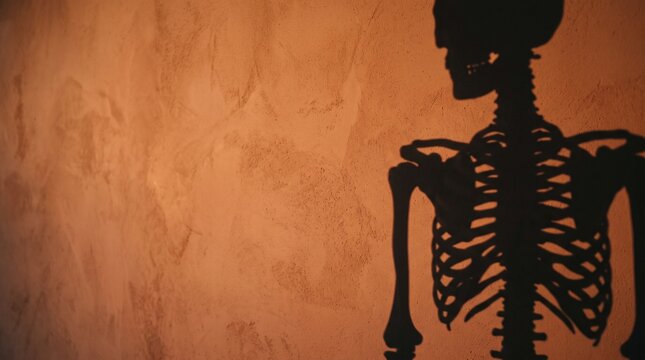 Spooky shadow of human skeleton figure projected on warm textured plaster wall, mystical Halloween holiday concept, scary anatomical bones silhouette with copy space for banner background.