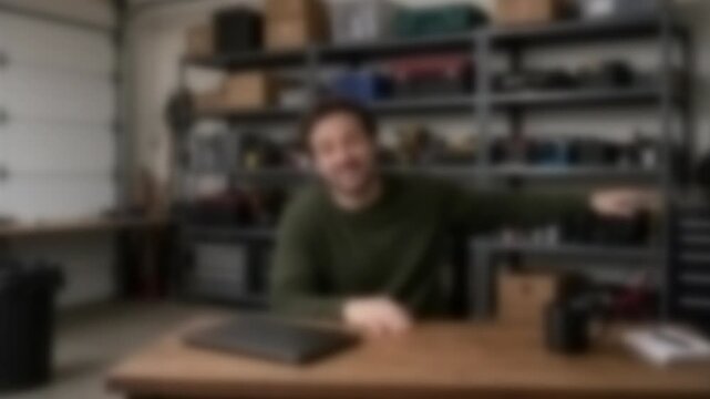 Man talking on a video call in a garage workshop office, Full Gaussian Blur Abstract