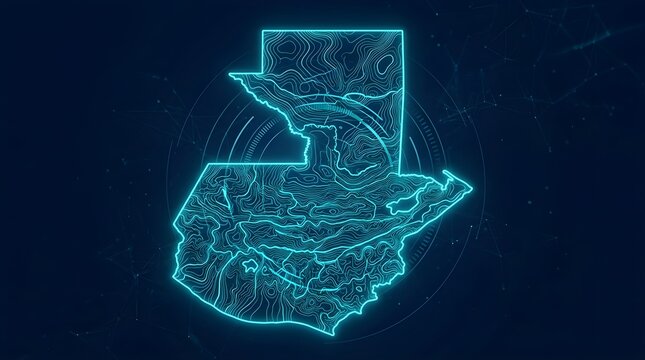 Guatemala digital map outline featuring glowing blue topography lines and futuristic data points created with a sleek modern aesthetic for high tech geography and communication concepts