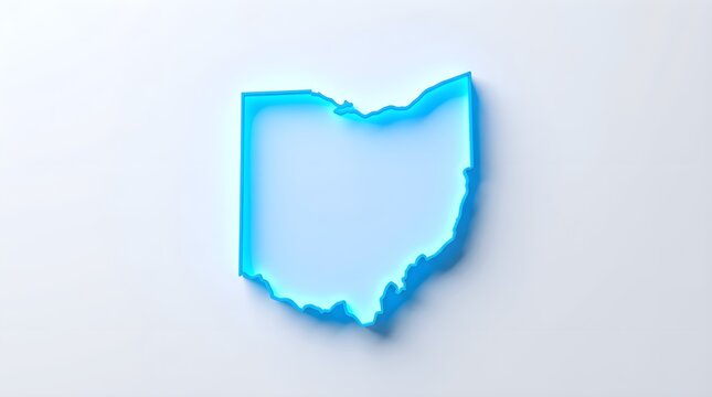 Ohio state map rendered in vibrant glowing blue neon plastic with soft shadows isolated on a clean white background for modern geographical business graphic design projects.