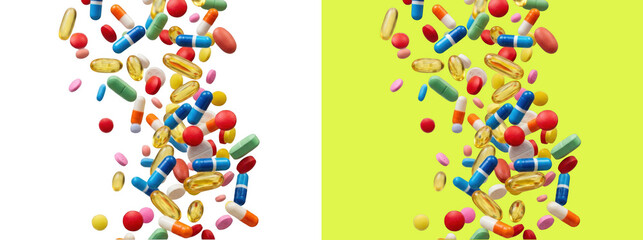 Colorful medical pills and capsules falling down © Mst
