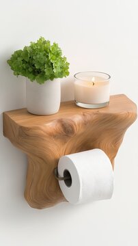 Rustic wooden shelf with metal accents, candles, and greenery in a cozy bathroom setting