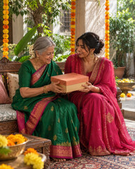 Obraz premium Grandmother and Granddaughter Exchanging Diwali Gift at Home