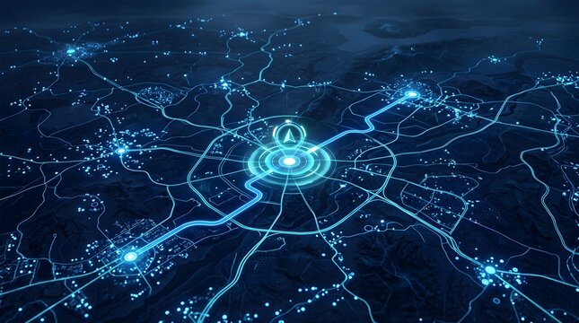Digital navigation map showing glowing blue routes and location markers over a dark stylized urban landscape created with advanced 3d graphics and vibrant neon light