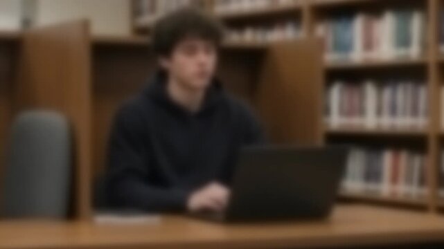 Young man typing on a laptop in a library study carrel, Full Gaussian Blur Abstract