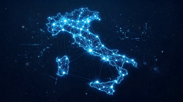 Italy map illustrated as a glowing digital network with interconnected nodes and lines representing modern telecommunications data connectivity on a dark blue deep space background