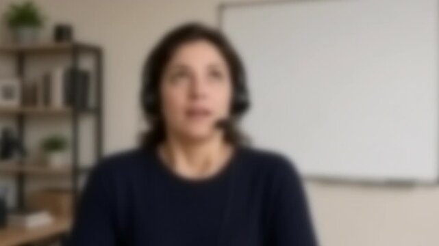 Woman with a headset nodding during an online training session, Full Gaussian Blur Abstract