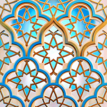 Intricate arched geometric pattern with golden lattice and blue details