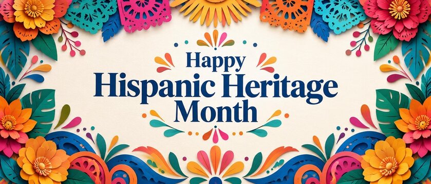 Happy Hispanic Heritage Month horizontal banner background with colorful layered paper cut flowers and traditional folk art