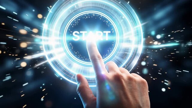 Futuristic start button interface with hand touch, glowing digital technology and blue light background