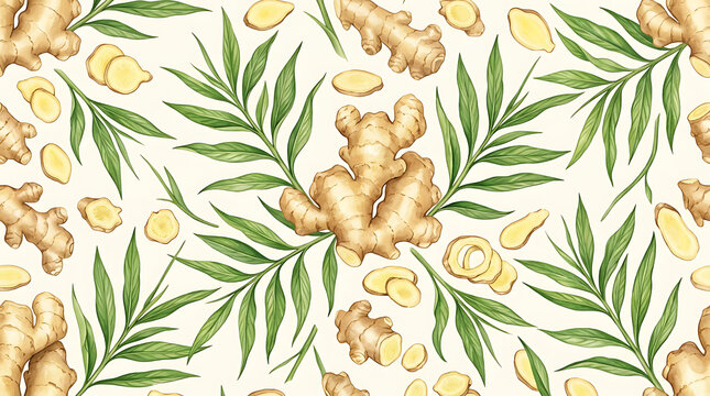 Seamless pattern with fresh ginger root, cut slices and green leaves on light background