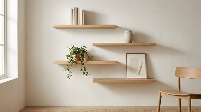 Minimalist wooden floating shelves on wall