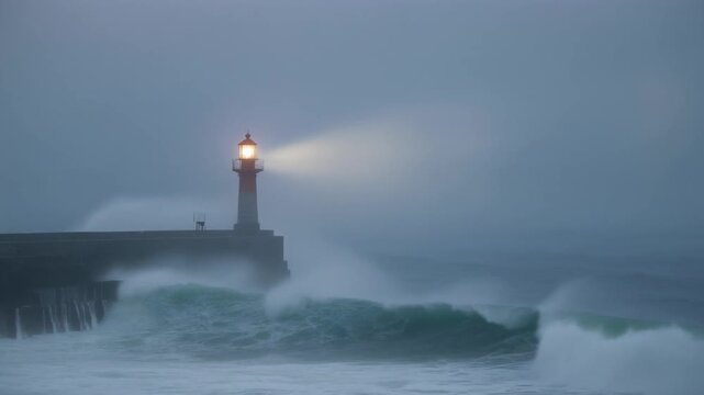 Foggy Lighthouse Guiding Ships Through Stormy Seas with Crashing Waves