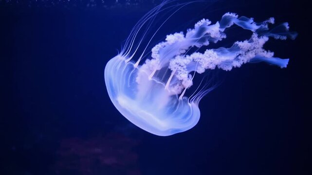 Bioluminescent Jellyfish Floating in Deep Dark Blue Ocean Water