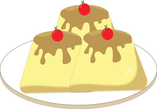 Delicious creamy puddings topped with cherry and caramel sauce, served on a plate