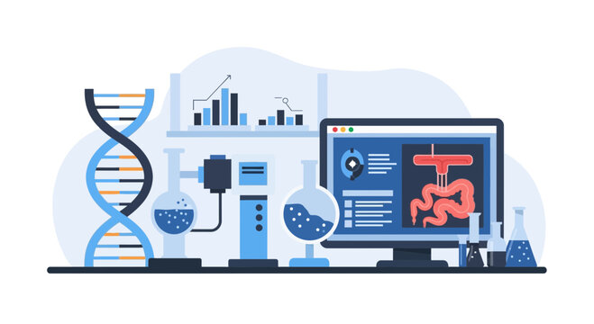 Medical Research and Biotechnology Lab Illustration with DNA and Digestive System Data