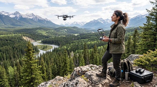 Woman controlling a drone while standing on a rocky mountain ledge  