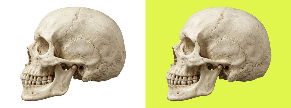 Human skull profile view on solid backgrounds