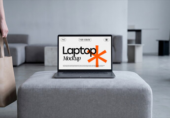 Laptop Screen Mockup in Modern Lobby