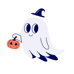 Fototapeta premium Cute Halloween Ghost with Witch Hat Holding Pumpkin Lantern