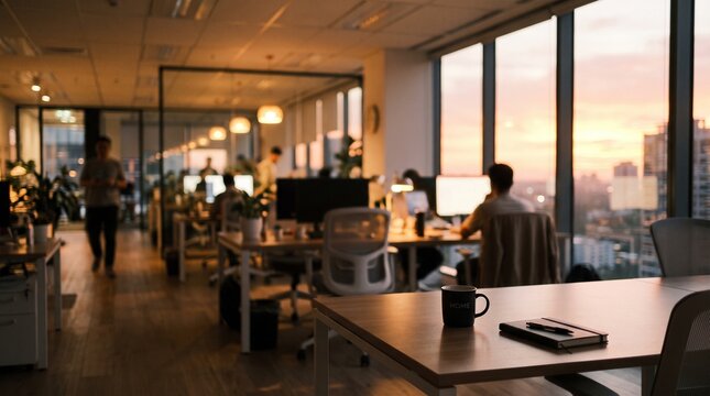 Modern open plan office interior with employees working at sunset in a city high rise building