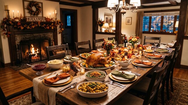 Festive Thanksgiving dinner table with roasted turkey and cozy fireplace in rustic home