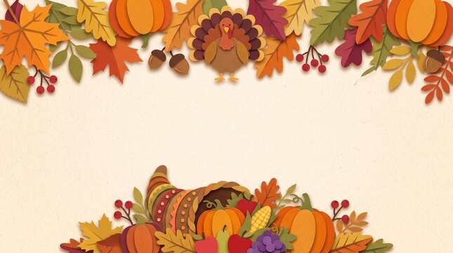 Thanksgiving holiday border with autumn leaves, pumpkins, turkey and cornucopia illustration