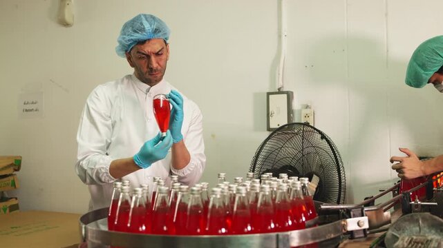 Food factory worker in protective uniform inspecting glass bottle of red sauce, ensuring product quality and consistency on production line