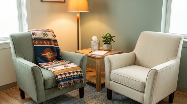 Addiction treatment therapy room interior with two chairs, colorful blanket, tissue box, blank notebook and calm trauma informed clinic design