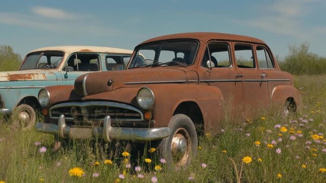 Rusty Vintage Cars in Grassy Field, Abandoned Automotive Nostalgia