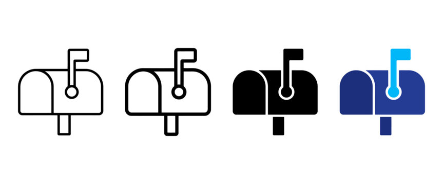 Minimalist mailbox icon set, 4 vector mail box symbols in outline and solid styles, blue and black post box graphics for web and app design