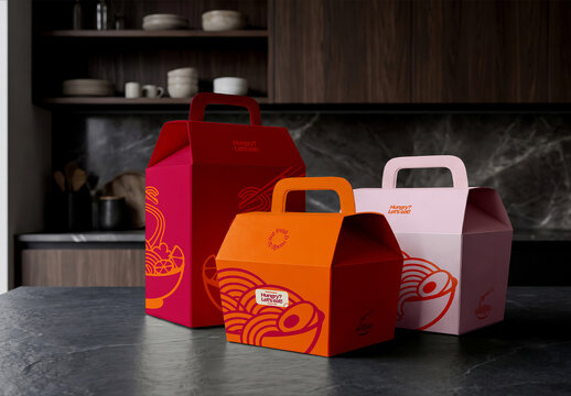 Gable Box Packaging Mockup Set on Kitchen Counter