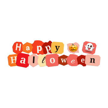 Happy Halloween Message Created with Colorful Paper Cutout Scraps and Icons