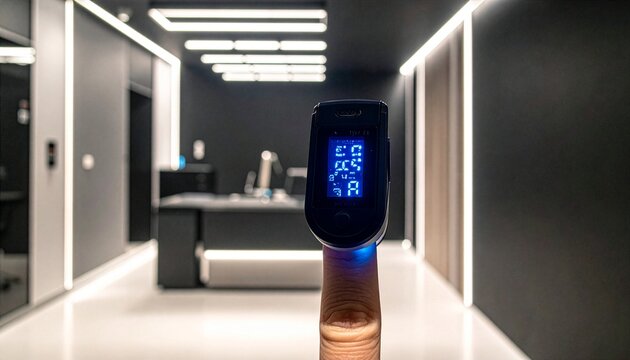Digital Fingertip Pulse Oximeter Measuring Blood Oxygen Saturation in Modern Medical Clinic Room