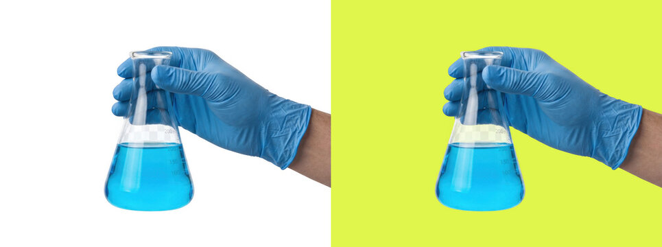 Scientist holding conical flask with blue liquid photo