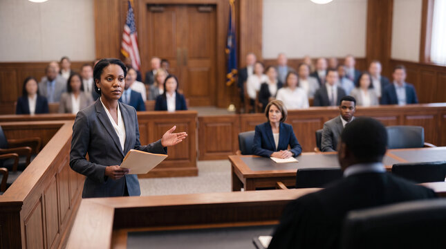 Trial attorney delivering closing argument to jury, courtroom persuasion and criminal justice