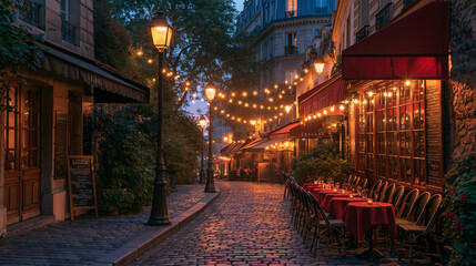Fototapeta premium Quaint European Cobblestone Street Lined With Cafes Glowing at Dusk
